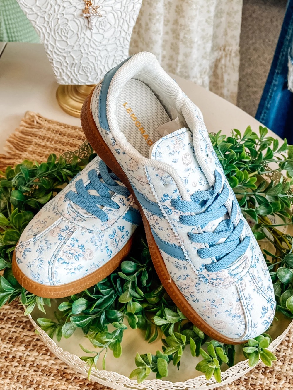Lemonade Expresso Floral Coquette Sneakers in a blue floral print with gum soles